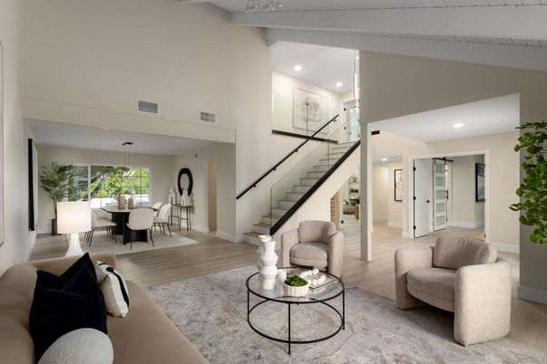 Dining room, Interior, Living room, Pendant Lights, Recessed Lighting, Wood Texture Flooring