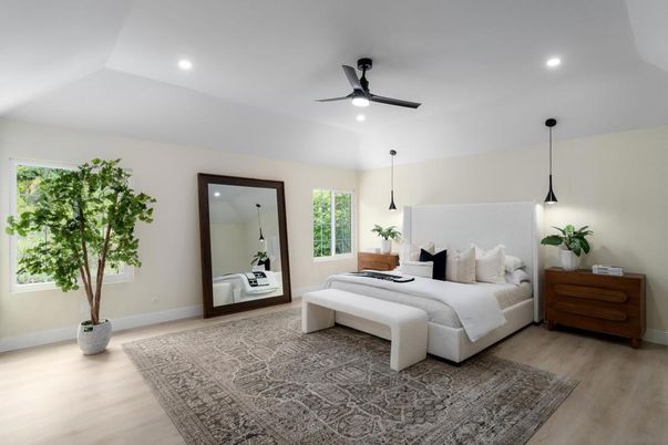 Bedroom, Interior, Pendant Lights, Recessed Lighting, Wood Texture Flooring