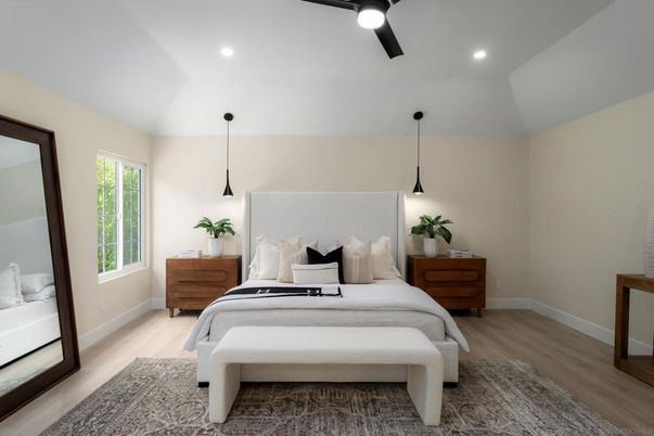 Bedroom, Interior, Pendant Lights, Recessed Lighting, Wood Texture Flooring
