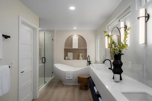 Bathroom, Dual Sink Vanities, Free Standing Baths, Glass Shower, Interior, Recessed Lighting, Wood Texture Flooring