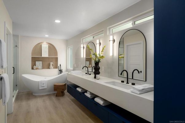 Bathroom, Dual Sink Vanities, Free Standing Baths, Interior, Recessed Lighting, Wood Texture Flooring
