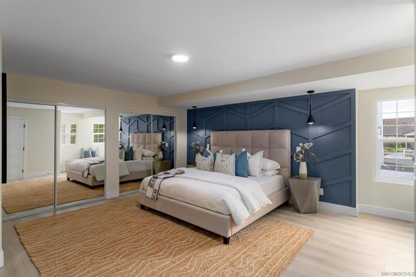 Bedroom, Interior, Pendant Lights, Recessed Lighting, Wood Texture Flooring