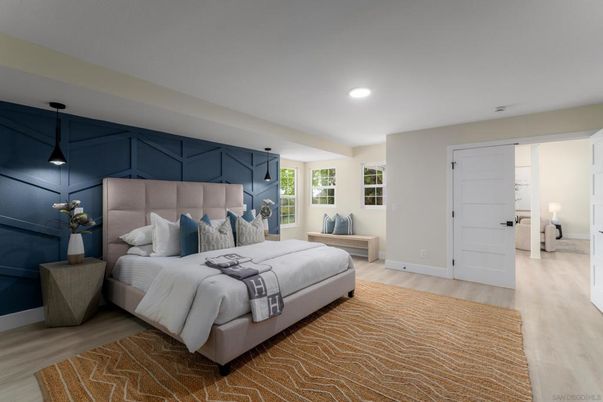 Bedroom, Interior, Pendant Lights, Recessed Lighting, Wood Texture Flooring