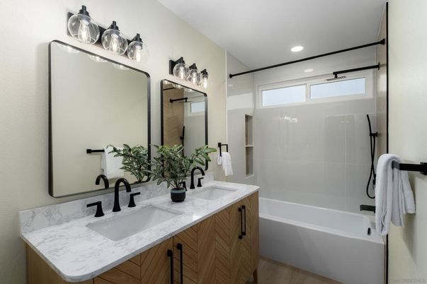 Bathroom, Dual Sink Vanities, Interior, Recessed Lighting, Wood Texture Flooring
