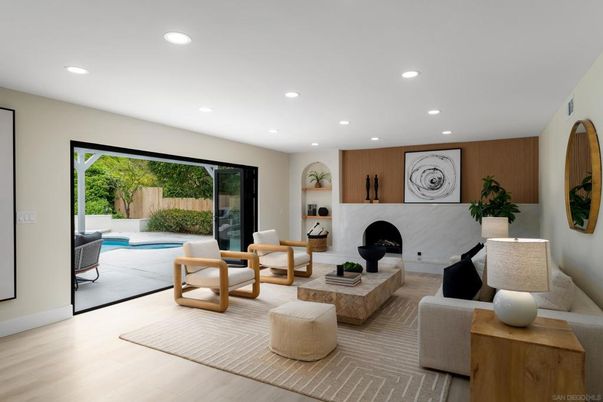 Fireplace, Interior, Living room, Recessed Lighting, Wood Texture Flooring