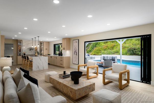 Interior, Kitchen, Living room, Marble Walls, Pendant Lights, Recessed Lighting, Wood Texture Flooring