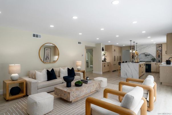 Interior, Kitchen, Living room, Marble Walls, Pendant Lights, Recessed Lighting
