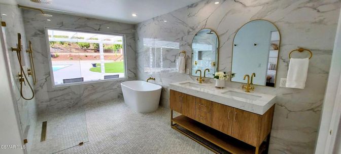 Bathroom, Dual Sink Vanities, Free Standing Baths, Interior, Marble Walls, Recessed Lighting