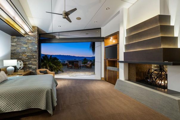 Bedroom, Fireplace, Interior, Recessed Lighting, Stone Walls