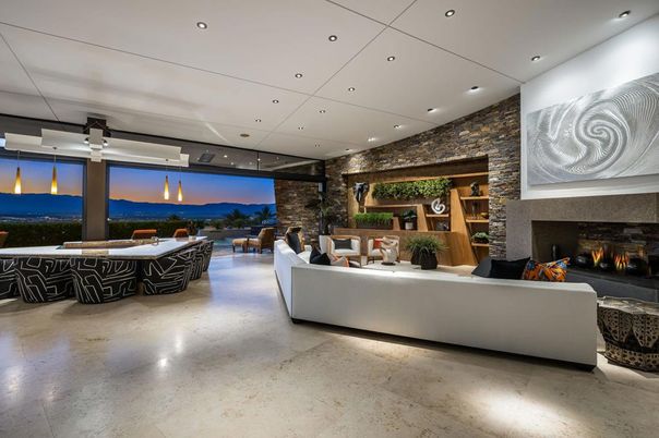 Fireplace, Interior, Living room, Pendant Lights, Recessed Lighting, Stone Walls, Water