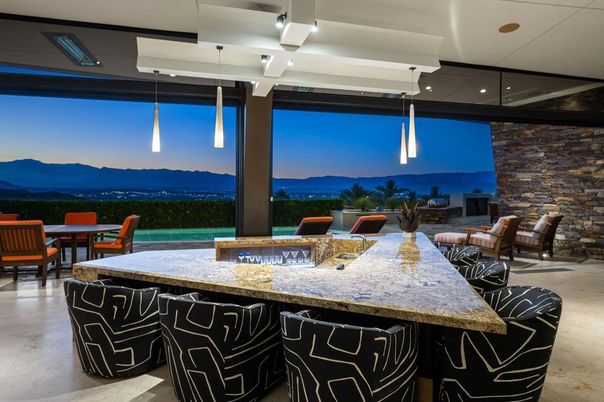 Dining room, Interior, Pendant Lights, Recessed Lighting, Stone Walls
