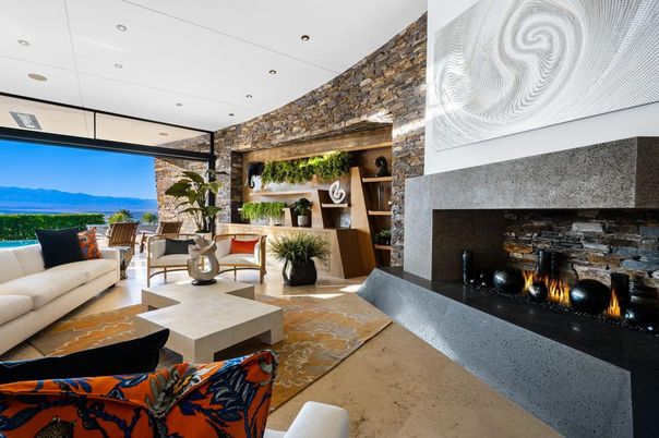 Fireplace, Interior, Living room, Recessed Lighting, Stone Walls
