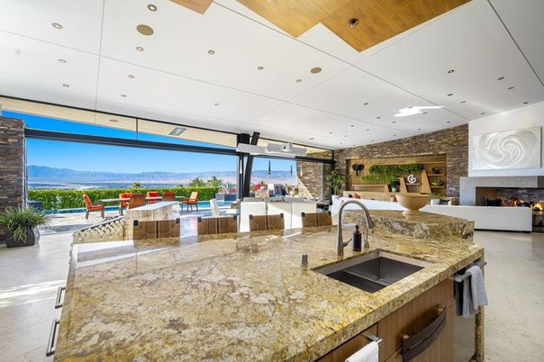 Fireplace, Interior, Kitchen, Living room, Recessed Lighting, Stone Walls