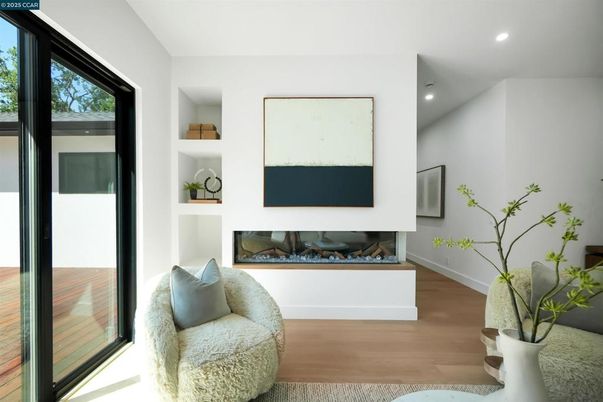 Fireplace, Interior, Recessed Lighting, Wood Texture Flooring