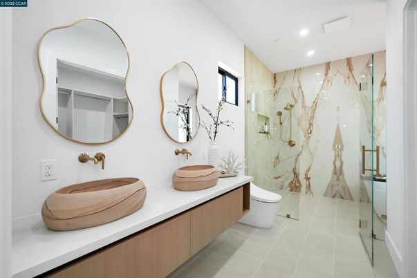Bathroom, Dual Sink Vanities, Interior, Marble Walls, Recessed Lighting