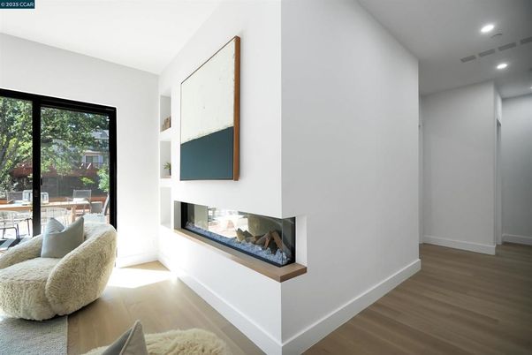 Fireplace, Interior, Recessed Lighting, Wood Texture Flooring