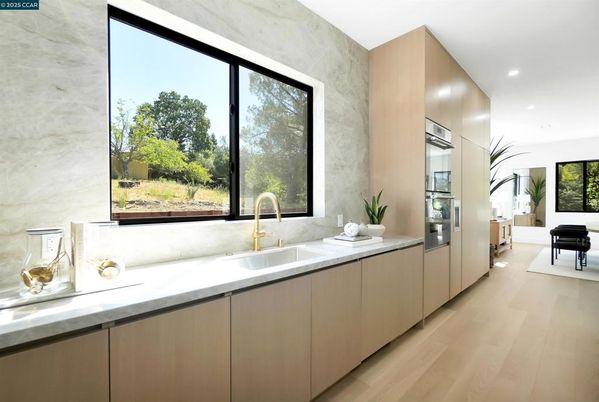 Interior, Kitchen, Marble Walls, Recessed Lighting, Wood Texture Flooring