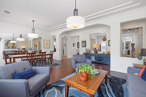 Dining room, Interior, Living room, Pendant Lights, Wood Texture Flooring