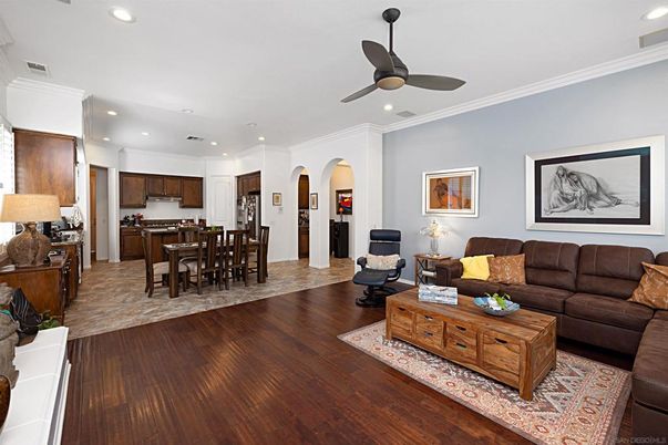 Dining room, Interior, Kitchen, Living room, Recessed Lighting, Wood Texture Flooring