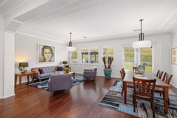 Dining room, Interior, Living room, Pendant Lights, Wood Texture Flooring