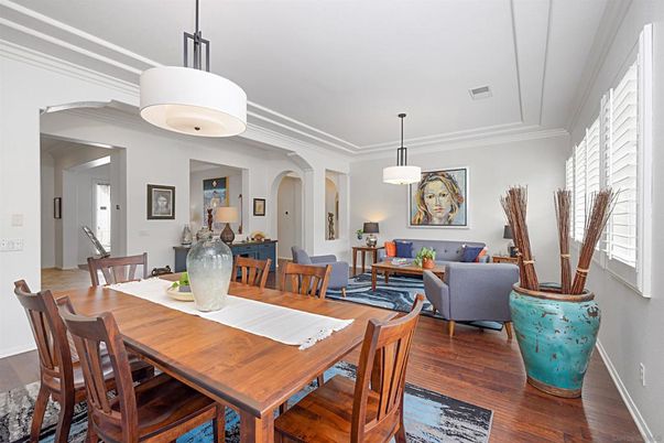 Dining room, Interior, Living room, Pendant Lights, Wood Texture Flooring