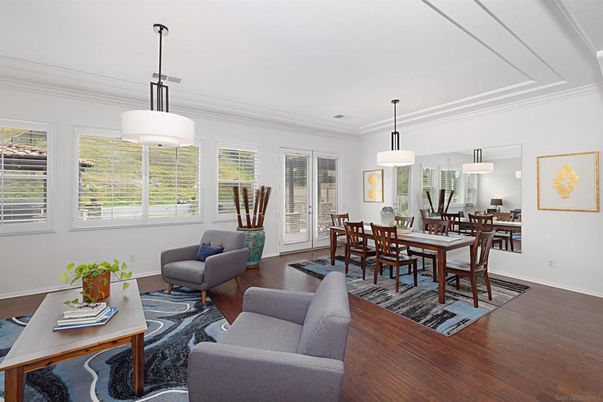 Dining room, Interior, Living room, Pendant Lights, Wood Texture Flooring