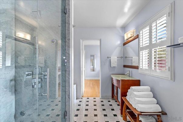 Bathroom, Glass Shower, Interior, Marble Walls, Wood Texture Flooring