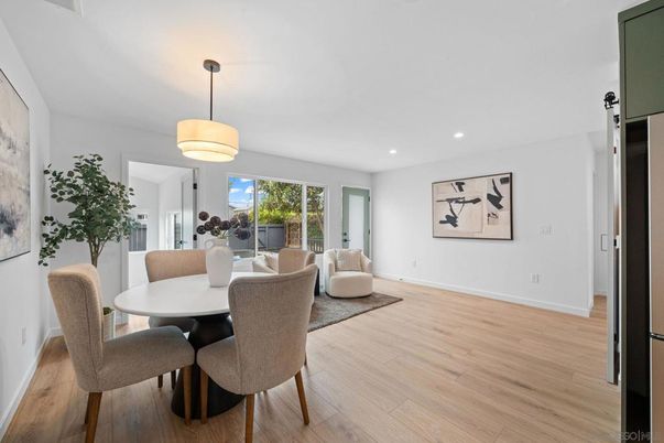 Dining room, Interior, Living room, Pendant Lights, Recessed Lighting, Wood Texture Flooring