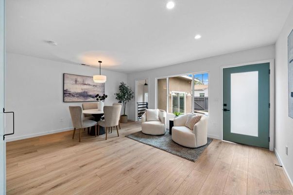 Dining room, Interior, Living room, Pendant Lights, Recessed Lighting, Wood Texture Flooring