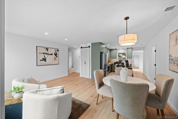 Dining room, Interior, Kitchen, Living room, Pendant Lights, Recessed Lighting, Stainless Steel Appliances, Wood Texture Flooring