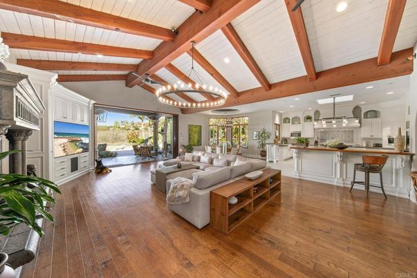 Chandelier, Interior, Kitchen, Living room, Pendant Lights, Recessed Lighting, Stainless Steel Appliances, Wooden Beams, Wood Texture Flooring