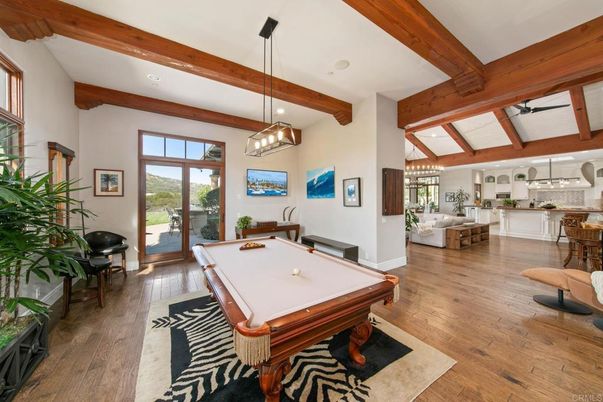 Billiard Table, Game Room, Interior, Kitchen, Pendant Lights, Recessed Lighting, Wooden Beams, Wood Texture Flooring