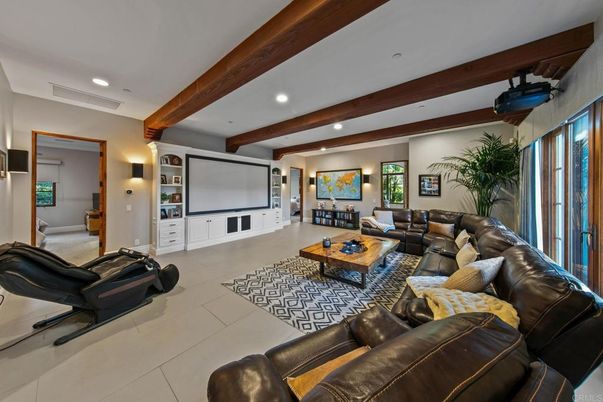 Interior, Living room, Projection Screen, Recessed Lighting, Wooden Beams