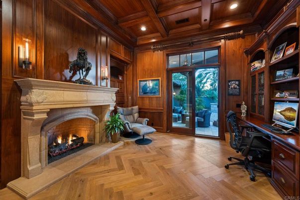 Fireplace, Home Office, Interior, Recessed Lighting, Wooden Beams, Wooden Ceilings, Wood Texture Flooring, Wooden Walls