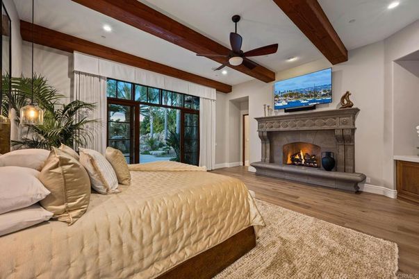Bedroom, Fireplace, Interior, Recessed Lighting, Wooden Beams, Wood Texture Flooring