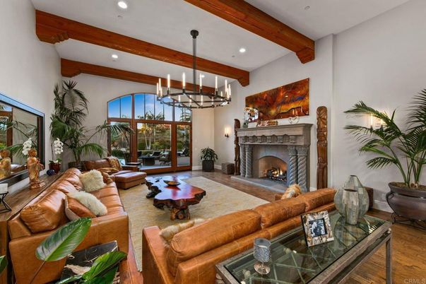Chandelier, Fireplace, Interior, Living room, Recessed Lighting, Wooden Beams, Wood Texture Flooring