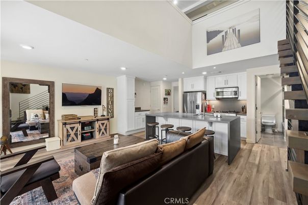 Interior, Kitchen, Living room, Recessed Lighting, Stainless Steel Appliances, Wood Texture Flooring