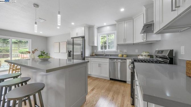 Interior, Kitchen, Pendant Lights, Recessed Lighting, Stainless Steel Appliances, Wood Texture Flooring