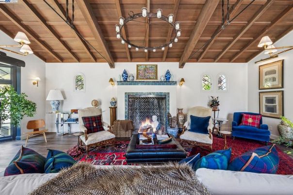 Chandelier, Fireplace, Interior, Living room, Wooden Beams, Wooden Ceilings, Wood Texture Flooring