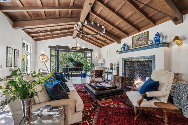 Chandelier, Fireplace, Interior, Living room, Piano, Wooden Beams, Wooden Ceilings, Wood Texture Flooring