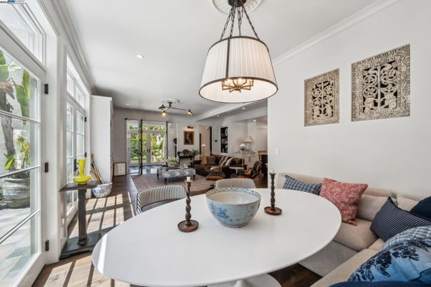 Dining room, Interior, Living room, Recessed Lighting, Wood Texture Flooring
