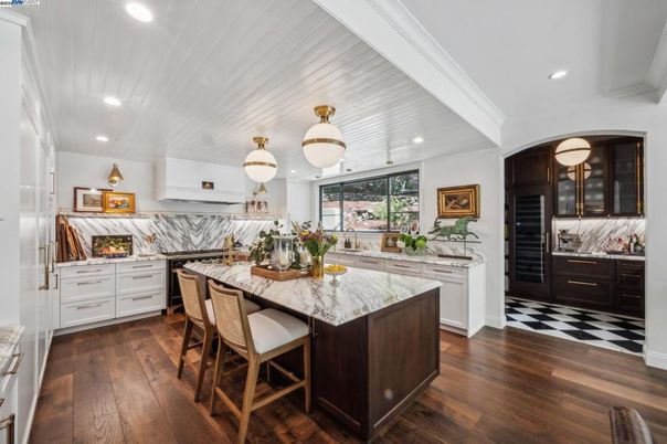 Interior, Kitchen, Marble Walls, Pendant Lights, Recessed Lighting, Wood Texture Flooring
