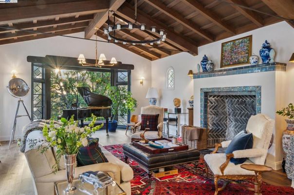 Chandelier, Fireplace, Interior, Living room, Piano, Wooden Beams, Wooden Ceilings, Wood Texture Flooring