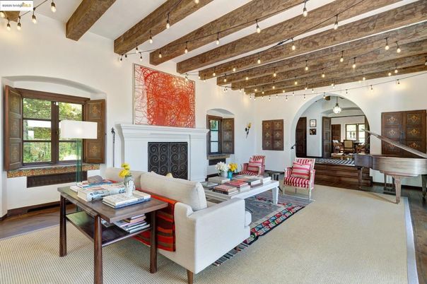 Fireplace, Interior, Living room, Pendant Lights, Piano, Wooden Beams