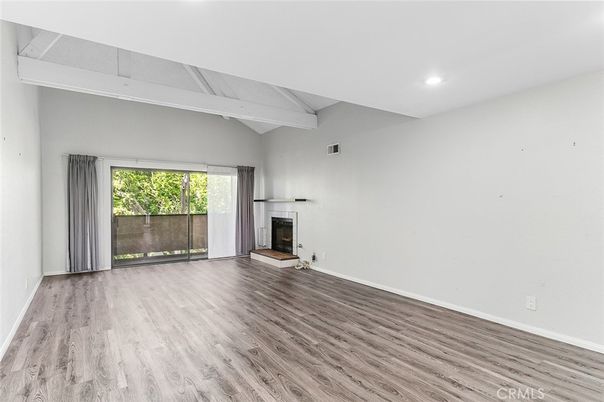 Empty room, Fireplace, Interior, Recessed Lighting, Wood Texture Flooring