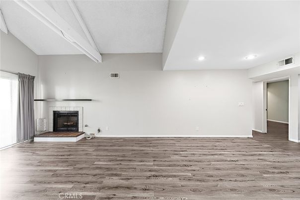 Empty room, Fireplace, Interior, Recessed Lighting, Wood Texture Flooring