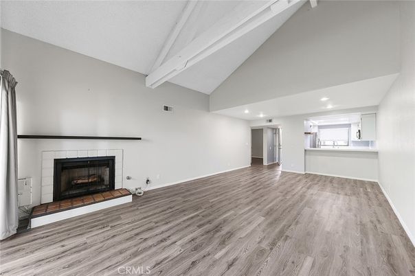 Empty room, Fireplace, Interior, Recessed Lighting, Wood Texture Flooring