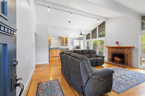 Fireplace, Interior, Kitchen, Living room, Wood Texture Flooring