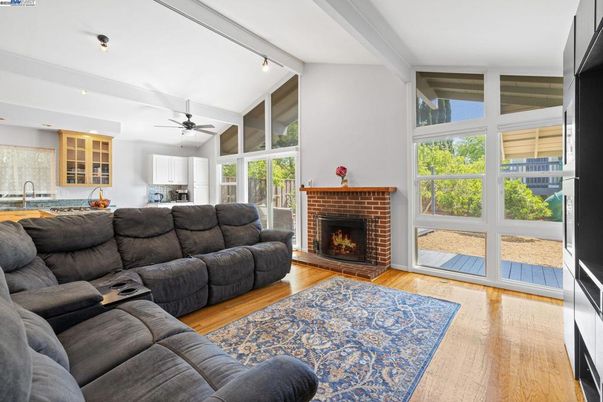 Fireplace, Interior, Kitchen, Living room, Recessed Lighting, Wood Texture Flooring