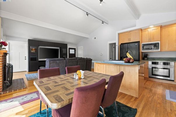 Dining room, Interior, Kitchen, Recessed Lighting, Stainless Steel Appliances, Wood Texture Flooring